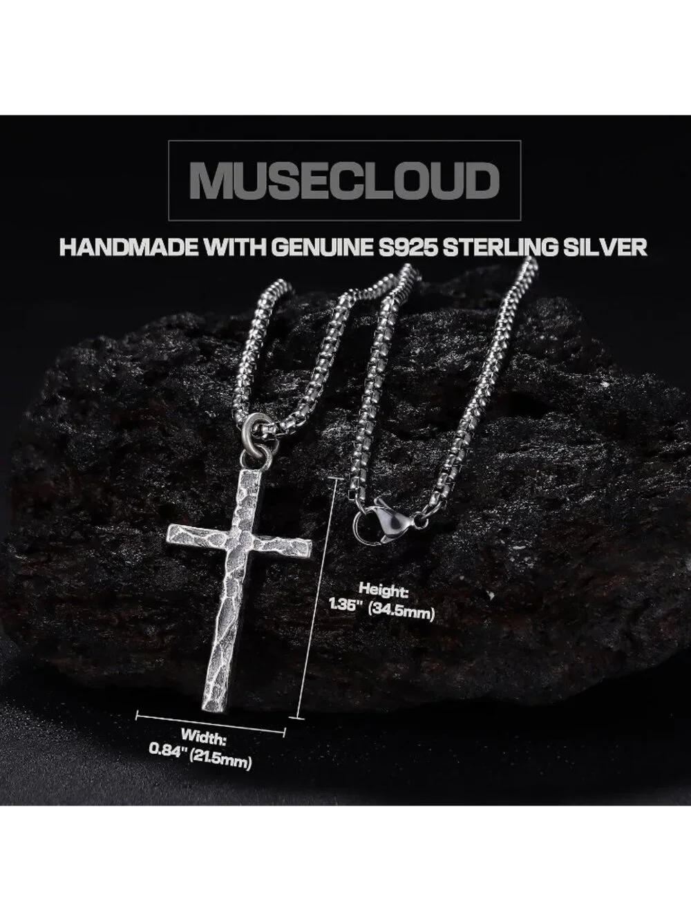 Men's Silver 925 Sterling Cross Necklace Oxidized Hammered Pendant Jewelry